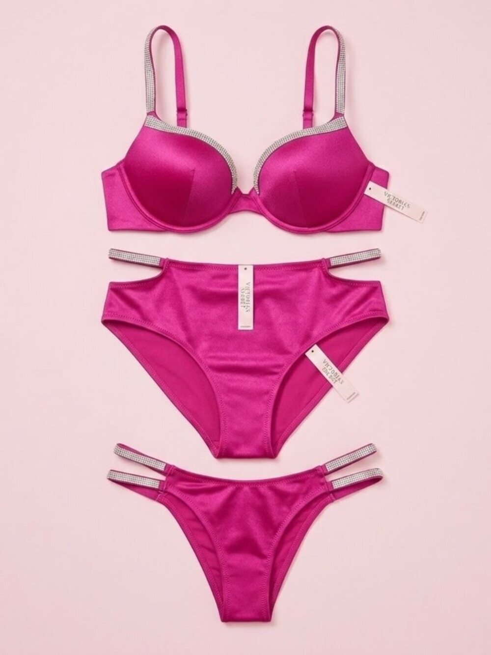 NWT Victoria's Secret Fuchsia Silver Rhinestone Three-Piece Bikini Swim Set 36DD